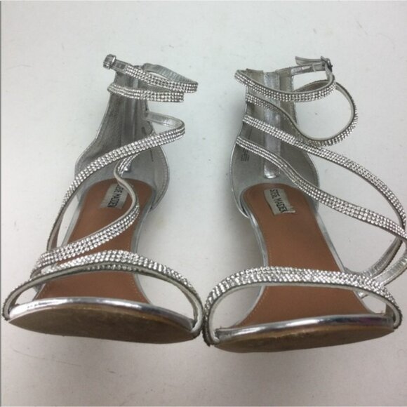 Steve Madden Fiffi Silver Metallic Rhinestone Faux Leather Strappy Heels Size 10 - Picture 9 of 13